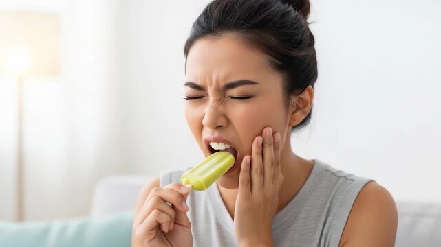 Tooth sensitivity: Young woman experiencing pain after biting into a popsicle, Young asian woman having severe toothache from sensitive teeth after eating ice cream