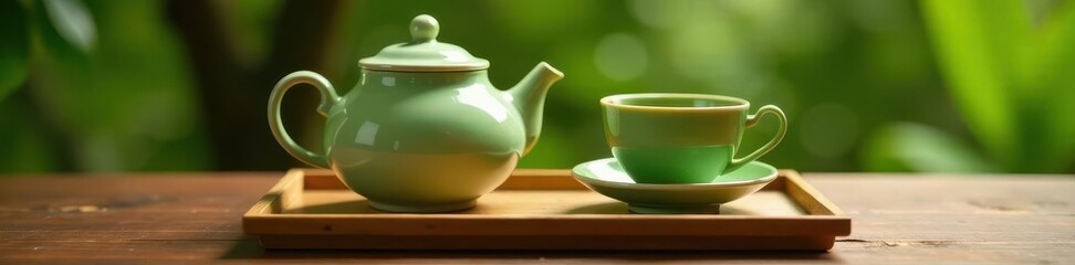 Elegant teapot & green teacup on bamboo tray, bright background, wellness, tray