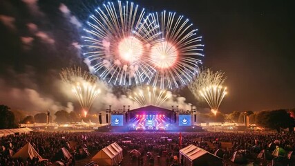 Spectacular Fireworks Display Over Concert Stage and Crowd at Night. - Powered by Adobe