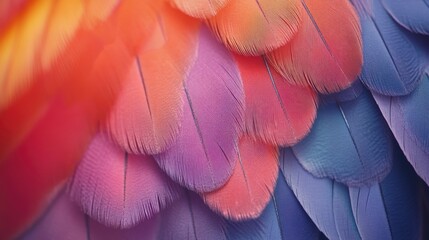 Close-up of vibrant, multicolored bird feathers transitioning from orange to purple to blue.