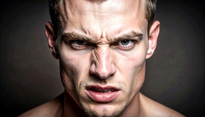 Close-up portrait of a young man with a furious expression