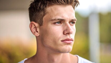Fototapeta premium Close-up portrait of a young man, looking thoughtfully off-camera