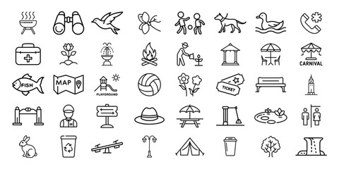 Collection of hand drawn icons representing outdoor activities and nature