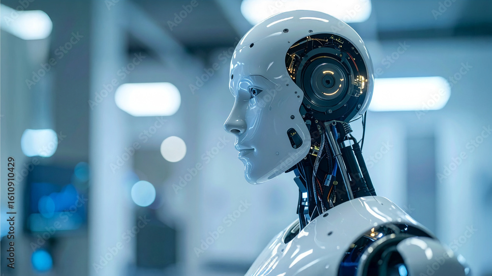 Poster a close-up portrait of a futuristic humanoid robot, with a focus on its sleek design and advanced te
