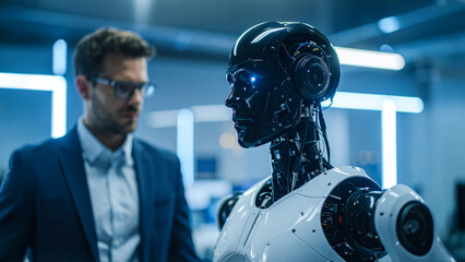 A man looking a modern robot in a technology center