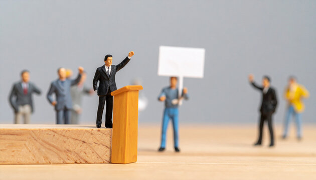 Miniature figures engage in a political rally, with a leader addressing the crowd and protesters holding a sign. The scene evokes themes of speech, protest, and political activism