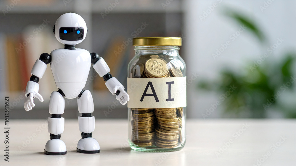 Poster an ai-powered robot standing beside a jar of coins, symbolizing the future of finance and technology