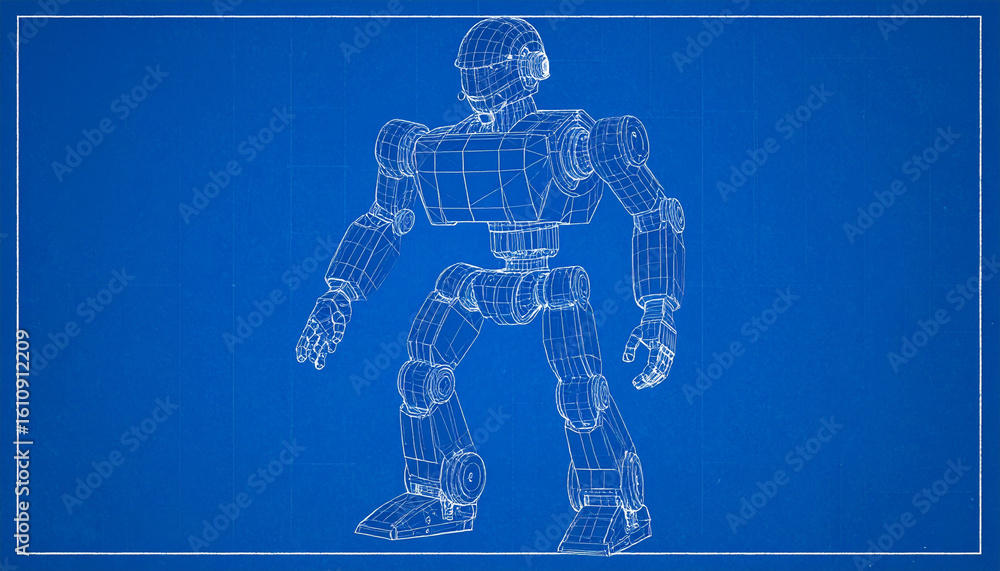 Poster detailed blueprint of a robot, offering a unique perspective on its intricate design and structure. 