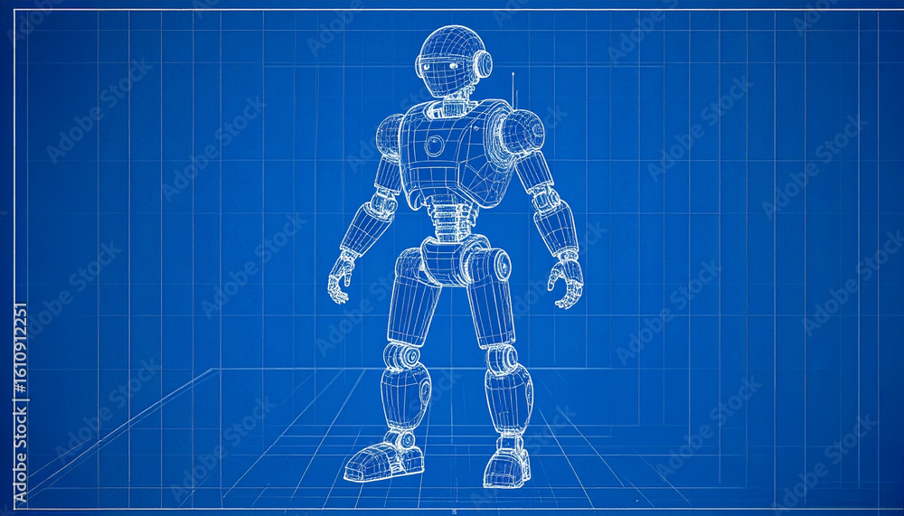 Poster blueprint of a humanoid robot showcasing its mechanical components and design