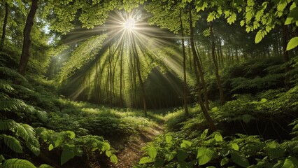 Magical Forest Path with Golden Sunlight