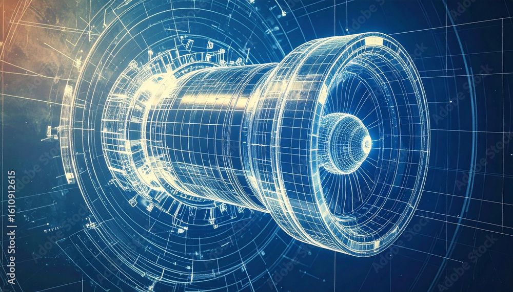 Poster a detailed engineering blueprint of a jet engine, showcasing intricate design and structure