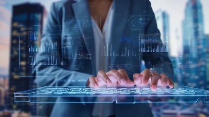 Businesswoman using futuristic holographic keyboard with data interface over cityscape - Powered by Adobe