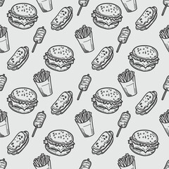 Hand-drawn seamless fast food pattern with burgers, fries, hot dogs, and corn dogs.