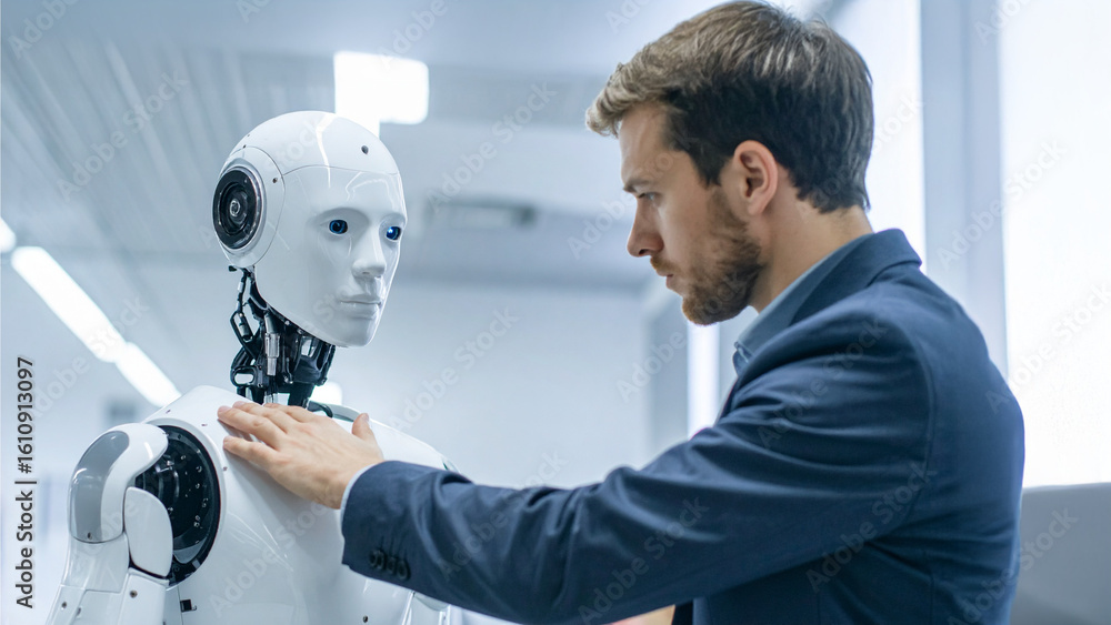Aufkleber a human and a robot are in a friendly interaction, the human seems to have close relation with the r