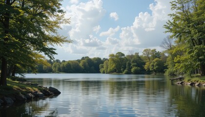 Obraz premium Tranquil blue lake water reflects the summer sky and green forest scenery