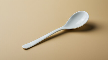 Single white spoon resting on a light brown background with a shadow