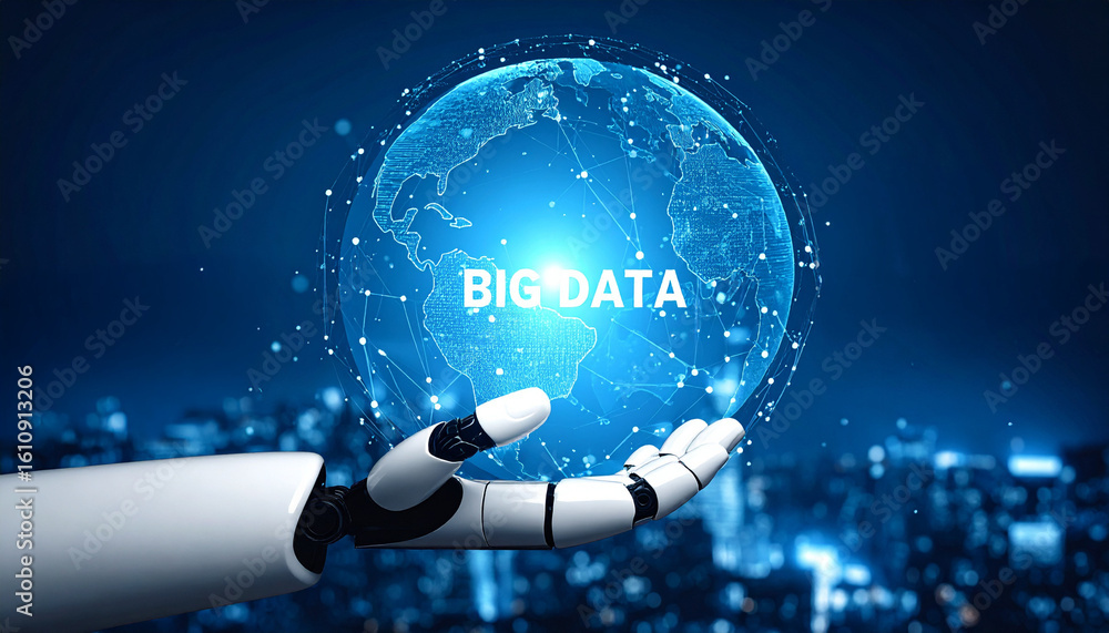Poster a robotic arm holding a globe with the text big data floating over it, symbolizing the future of inf