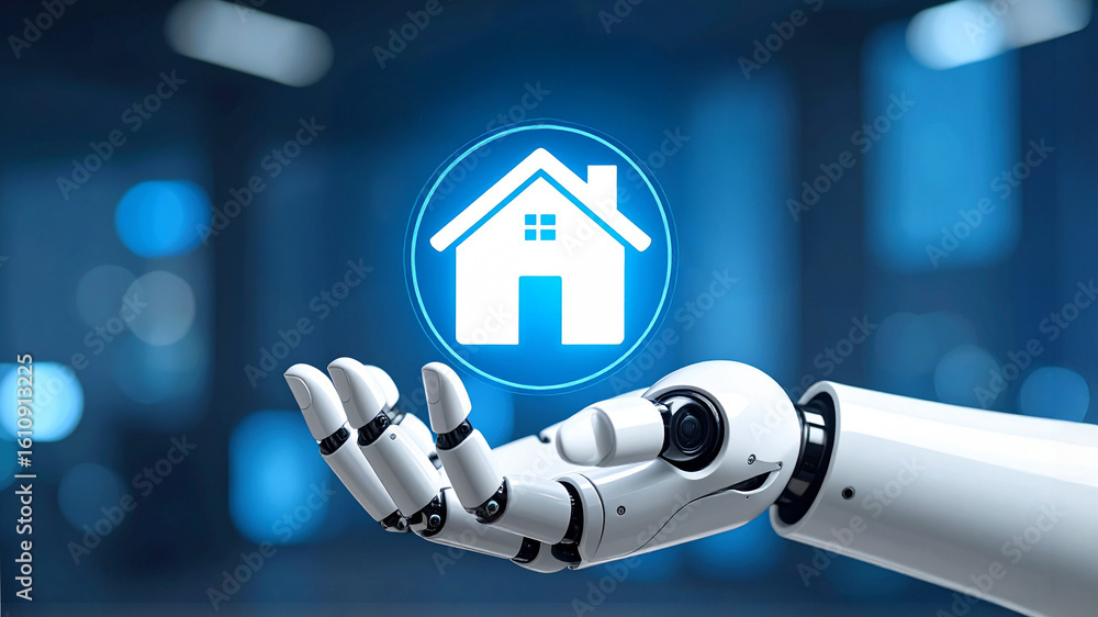 Poster an ai-powered hand presenting a smart home icon, representing the concept of technology and home aut