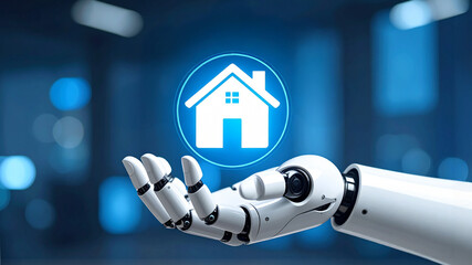 An AI-powered hand presenting a smart home icon, representing the concept of technology and home automation. The scene depicts the integration of artificial intelligence within a modern residence