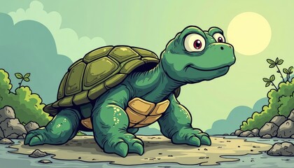 Fototapeta premium Whimsical Cartoon Turtle with Big Eyes on Sandy Shore Under Sunny Sky