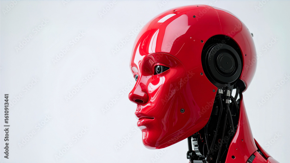 Poster a striking red robot head with a human-like face, capturing futuristic technology and artificial int