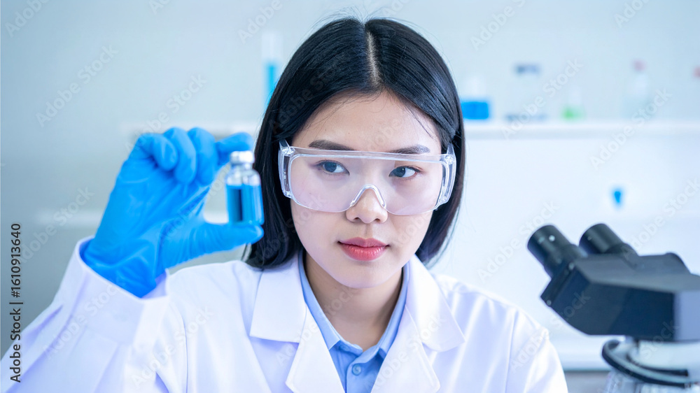 Poster a scientist examines a vial of liquid in a laboratory. the scientist wears protective glasses and gl