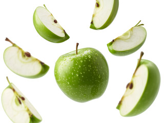 Green apples sliced and whole with water droplets isolated on a transparent background fruit food