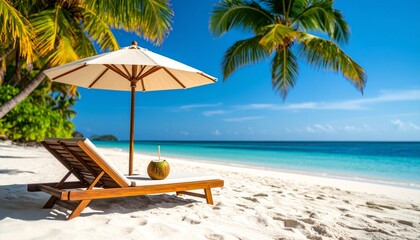 Tropical beach with palm trees and turquoise ocean under blue sky