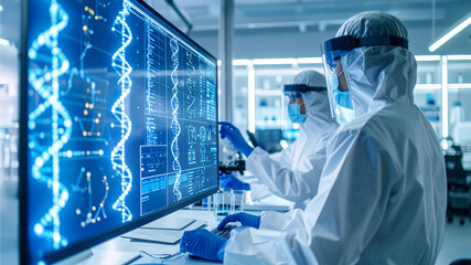 Scientists conduct research, analyzing data on a large monitor screen in a clean room. They are wearing protective suits