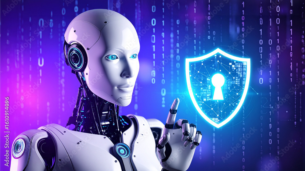Aufkleber a futuristic ai robot with a shield, representing cybersecurity