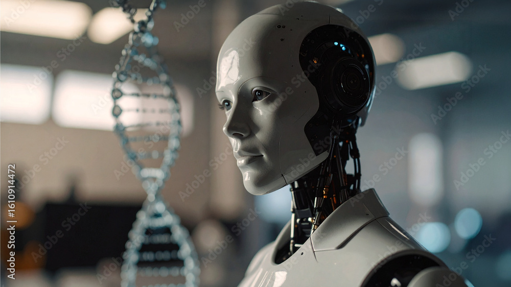Poster a robot with a dna strand, blending artificial intelligence and biological science. this image evoke
