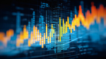 Gráfico financiero digital con barras de crecimiento en entorno tecnológico