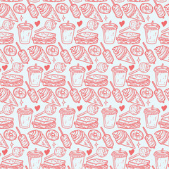 Playful red food doodles on light blue background with sweets, drinks, and hearts.