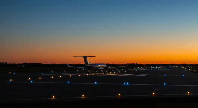 Aircraft at twilight prepares for takeoff - Powered by Adobe