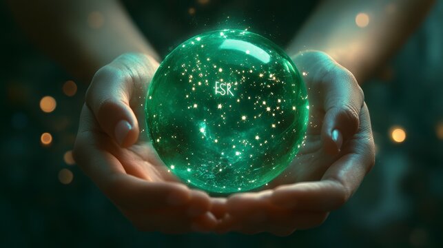 Woman's hands gently hold a glowing green crystal ball, with the letters ESR subtly inscribed within.