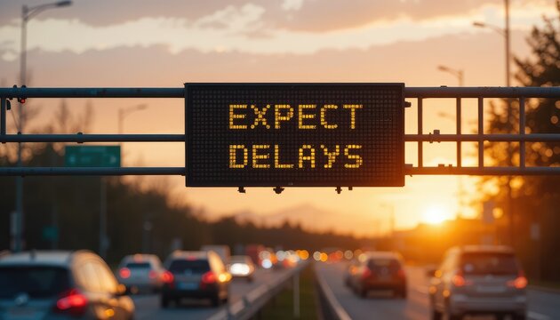 Time-lapse of traffic on a multiple lane highway at night with a glowing exit sign toward the city for a long journey