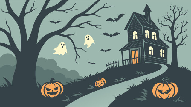 Halloween night haunted house spooky scene with ghosts pumpkins and bats vector illustration design