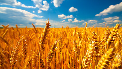 Golden wheat field under blue sky with white clouds agriculture harvest