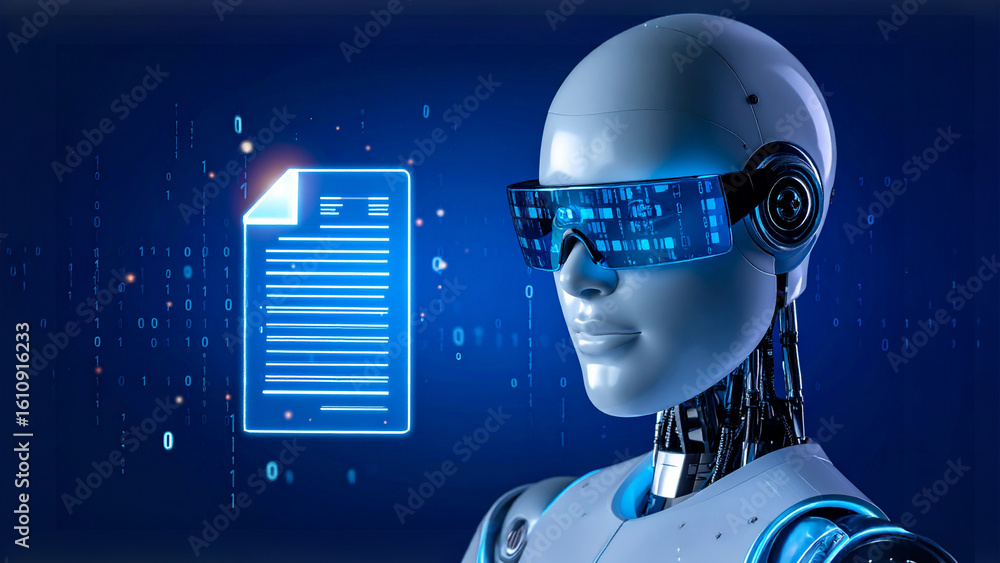Aufkleber a futuristic robot analyzing a document with a digital overlay. the robot wears futuristic glasses, 
