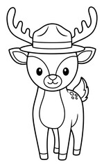Fototapeta premium Cute Cartoon Deer Wearing a Park Ranger Hat, Black and White Outline Illustration