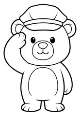Fototapeta premium Black and White Line Art of a Cartoon Bear in a Captain's Hat Saluting