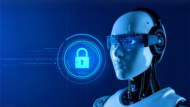 Futuristic AI-powered digital security. The robot is designed with a face, safety glasses and there is a lock image near her