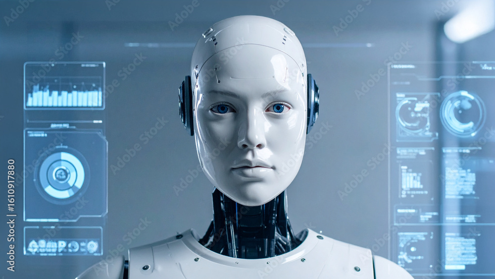 Poster a detailed look at an advanced humanoid robot with a futuristic design. it has a sleek, smooth surfa