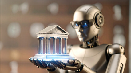 A futuristic robot holding a miniature building, showcasing the intersection of technology and architecture. The robot has glowing eyes, symbolizing advanced artificial intelligence, the building.