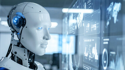 Futuristic android observing a holographic display, representing technological innovation and the future of artificial intelligence.