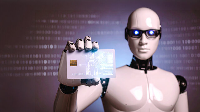 A futuristic robot with a credit card in hand - Powered by Adobe