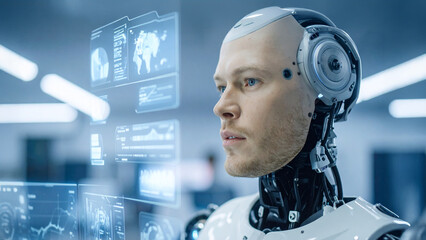 A futuristic android observes and interacts with projected digital interfaces and data displays