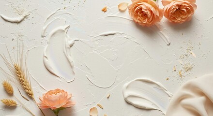 Creamy Texture with Peach Roses and Wheat: A Beauty Flatlay
