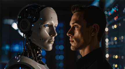 A human and a robot gazing at each other. The human is a man with short brown hair, while the robot has a metallic head. The scene depicts a sense of connection, collaboration, or contemplation