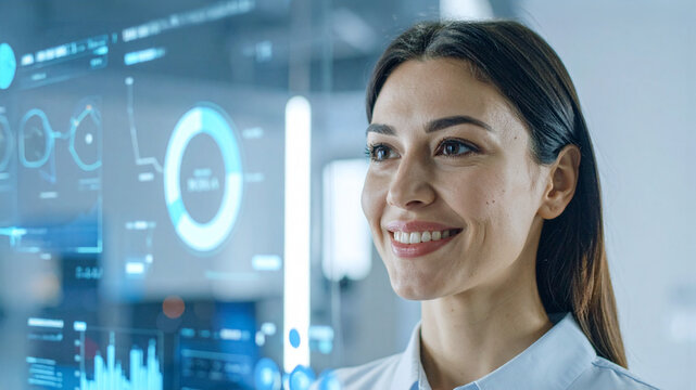 A woman stands by a futuristic display, smiling brightly at the data 